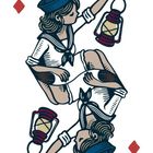 Herzog, rote Raute, Seemann in Matrosenanzug hält Laterne, Illustration spiegelt auf weißem Hintergrund.