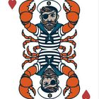 "B", Herzsymbol: Illustration einer Krabbe mit menschlichem Kopf, Matrosenmütze, Augenklappe, gestreiftem Shirt.