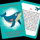 Zwei Karten mit einem Blauwal-Illustration. Text: "Stimmt es wirklich, dass ... das Herz von Blauwalen nur 2 bis 8 Mal pro Minute schlägt?"