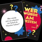 Text: "Wer würde sich am ehesten ein Schaf als Haustier halten?" und "Wer würde am ehesten ...?" mit bunten Fragezeichen.