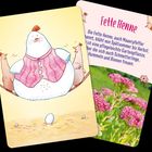 "Fette Henne: Pflegeleichte Gartenpflanze für Schmetterlinge. Illustration: Henne in einem pinken Hemd auf einer Wippe sitzend."