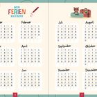 "Mein Ferienkalender" zeigt eine Jahresübersicht in Tabellenform mit Monaten, Buntstift, Bär mit Koffer.
