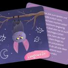 "Langweile" steht auf einem lila Banner. Eine Illustration zeigt eine Fledermaus, die kopfüber an einem Ast hängt.