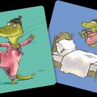 Illustration von einem Krokodil in rosa Kleidung: tanzt, springt aufs Bett. Szenen auf grünem und blauem Hintergrund.