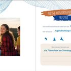 "MEINE KONFIRMANDENFREIZEIT" steht oben. Zitate, Daten und Erinnerungen sind enthalten. Jugendliche genießen einen Sonnenuntergang.