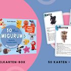 „50 Mini Amigurumis: Niedliche Tierchen häkeln. HÄKELKARTEN-BOX. 50 KARTEN + BOOKLET.“ Rechteckige Box mit Tierfiguren.