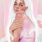 17 | DER STERN. Eine Illustration einer Frau mit langem, weißem Haar, Aquarius-Symbol auf der Schulter, umgeben von Wasser und Sternen.