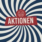 AKTIONEN in weißen Buchstaben auf rotem Banner, Hintergrund spiralförmig blau-weiß, mit lächelndem Gesichtssymbol.