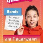 Texte: "Quizfrage", "Berufe", "Bei dieser Quizfrage dreht sich alles um: die Feuerwehr!". Frau in rotem Hoodie zeigt überrascht.