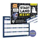 "Stadt Land NEIN!" mit Anti-Schummel-Drehscheibe und 52 Kategorien. Illustration mit Hai, Katze und Geist. Spielblock sichtbar.
