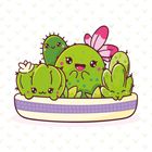 Kawaii-Illustration von lächelnden Kakteen mit großen Augen in einem Topf, umgeben von kleinen grünen Punkten.