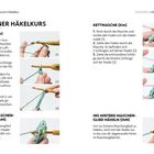 "Kleiner Häkelkurs" zeigt Anleitungen für Luftmasche, Kettmasche, vorderes/hinteres Maschenglied Häkeln mit Schrittbildern.