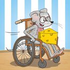 Eine Maus mit Brille sitzt in einem Rollstuhl, hält Käse und trägt ein Halstuch. Der Hintergrund hat blaue Streifen.