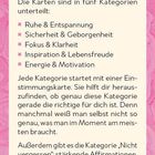 Anleitung: Die Karten sind in fünf Kategorien unterteilt: Ruhe, Sicherheit, Fokus, Inspiration, Energie.