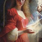 "1. DER MAGIER." Eine Frau in rotem Kleid hält ein leuchtendes, durchscheinendes Quadrat.