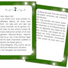 Zwei weiße Textkarten mit der Nummer 2 oben, umgeben von einem grünen Hintergrund mit Sternen. Enthält ein Plätzchen-Rezept.