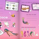 Das Bild hat verschiedene Abschnitte zum Ausfüllen mit Texten wie: "ICH HEISSE", "MEINE AUGENFARBE", und "MEIN MEERJUNGFRAUEN-NAME." Es gibt Illustrationen von Meerjungfrauen, Fischen und Schreibflächen.