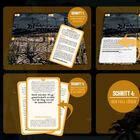 Texte: "HOW-TO CRIME PLACES", "SPIEL-SCHRITTE", Schritte 1-4.  
Illustration von Gelände, Flugzeug unten links.