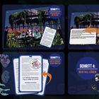 Texte: "HOW-TO-CRIME PLACES", "SPIEL-SCHRITTE". Schritte: Anweisungen befolgen, Lost Place entdecken, Rätsel beantworten, Fall lösen. Bunte Illustrationen mit Figuren und Karussell.