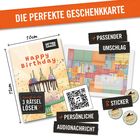 „DIE PERFEKTE GESCHENKKARTE“, Karte mit „Happy Birthday“ und Torte, erklärt Puzzle, Umschlag, QR-Code, Aufkleber.