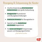 Ein Bild mit Text über "Bewegung & Entspannung für Kinder". Enthält praktische, intuitive und kindgerechte Hinweise. Logo unten.