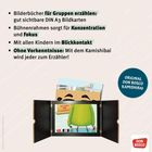 „Bilderbücher für Gruppen erzählen“ mit Merkmalen: DIN A3 Bildkarten, Konzentration, Blickkontakt, Kamishibai. Logo „Original Don Bosco Kamishibai”.