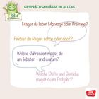 Gesprächsanlässe: Montage oder Freitage? Regen schön oder doof? Lieblingsjahreszeit? Düfte im Frühjahr? Illustration mit Monster.