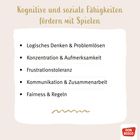 "Kognitive und soziale Fähigkeiten fördern mit Spielen: Logisches Denken, Konzentration, Frustrationstoleranz, Kommunikation, Fairness. Logo unten."