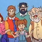 Illustration: Eine fröhliche Familie mit spitzen Ohren lächelt, bestehend aus zwei Männern, einem Mädchen, einer Frau und einem älteren Mann.