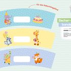 Für das Geburtstagskind. Becherbanderolen. Illustrationen von Tieren mit Partyhüten auf bunten Hintergründen.