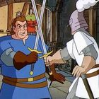 Zwei Ritter kämpfen mit Schwertern in einer Burg. Einer trägt blaue Rüstung, der andere weiß. Im Hintergrund steht ein weiterer Ritter.