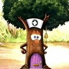 Ein Baum mit menschlichem Gesicht trägt eine Krankenschwester-Mütze mit Kreuz und hat eine lila Tür als Bauch.