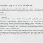 Titel: Detektivspiele mit Steinen. Anleitung zur Verwendung von Steinen auf einem Tablett, um Fehler oder fehlende Steine zu finden.