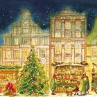 „Rats Apotheke“ steht auf einem historischen Gebäude. Im Vordergrund Weihnachtsmarktstände, Menschen und ein Weihnachtsbaum.