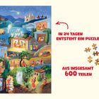 Text: "In 24 Tagen entsteht ein Puzzle aus insgesamt 600 Teilen." Illustration: Szenen der Weihnachtsgeschichte.