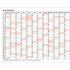 Kalender mit Titel "Year Plan 2027", Monate und Wochentage aufgelistet, Wochenenden rot hervorgehoben.