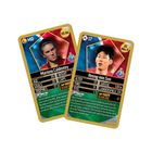 Zwei Spielkarten zeigen Statistiken von Mariona Caldentey und Heung-min Son, darunter Alter, Größe und Fußballstatistiken.