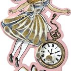 Illustration einer Frau mit blonden Haaren im Kleid, Taschenuhr, Schmetterlingen und Spielkarten auf rosafarbenem Hintergrund.