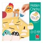 "Hidden Chicks", 2 Spiele in 1, für Kinder ab 3 Jahren. Illustration mit Henne, Küken und Spielfiguren in einem Nest.