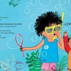 Texte: "Shingai blew bubbles", "Could you be a deep-sea treasure hunter...", "Ow!". Illustration: Zwei Kinder, Blasen, Meeresmotive.