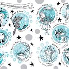 "Which Star Kitties will Tabitha meet today?" und diverse Katzen-Charaktere in verspieltem, blau-schwarzem Comic-Stil.