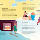 **Breakfast Time**: Texte erklären Mikrowellen, schnelle Frühstücksideen, und ein Physiktrick mit Eiern. Illustrationen zeigen Frühstücksszenen.