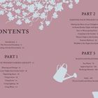 Inhaltsverzeichnis mit drei Teilen über Gartenarbeit, ergänzt durch florale Illustrationen und Gießkannen-Silhouetten.