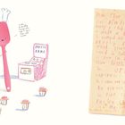 Links: „BREEZY BAKE“ auf einem Ofen, darüber ein rosa Pfannenwender und eine Wachsmalkreide mit Kochhüten. Rechts: Handschriftlicher Brief.