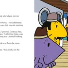 Links steht ein Textdialog, rechts eine bunte Illustration von Figuren. Eine trägt Perlen, eine ein Bücherregal.