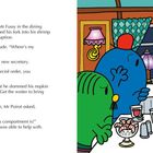 Links steht ein Text über Mr. Poirot im Speisewagen. Rechts sitzen bunte, kugelförmige Figuren an einem Tisch.