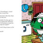 Links: Text über Little Miss Neat und Little Miss Marple, die sich in der Küche unterhalten. Rechts: Illustration einer grünen Figur in Schürze mit Milchflasche.