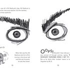 „We're now all in Mr Dewhurst’s class.“ Große Augen mit markanten dunklen Augenbrauen. Text „Oops!“ und eine ängstliche Zeichnung von „Idris Aged 5“.