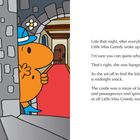 Links ein oranges Wesen mit Hut, versteckt sich in einem Schlosskorridor, rechts Text über Little Miss Greedy.