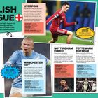 "English League" – Infos zu Teams wie Liverpool, Arsenal, Manchester City; Spielerbilder, farbige Hintergründe, teils actionreiche Szenen.